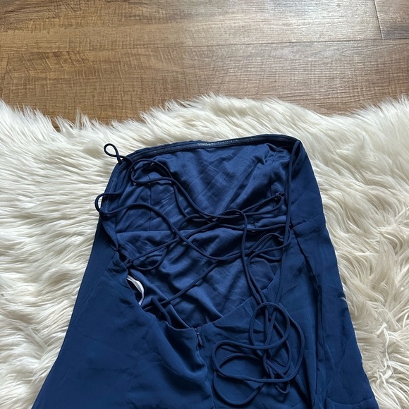 LULU’S Perfected Sweetness Dark Blue Pleated Tiered Lace Up Mini Dress - Picture 6 of 6